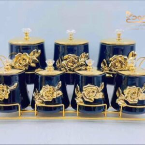 سرویس جا ادویه 8پارچه سامست مدل گاردنیا مشکی طلایی (پاسماوری )